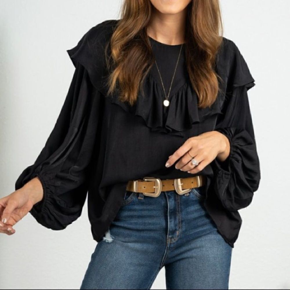 Black Ruffle Bibbed Balloon Sleeve Top M